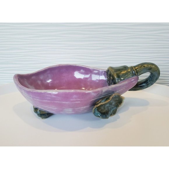 Artisan Art Pottery Ceramic Eggplant Bowl Dish Footed with Handle Signed 10" - Picture 1 of 7